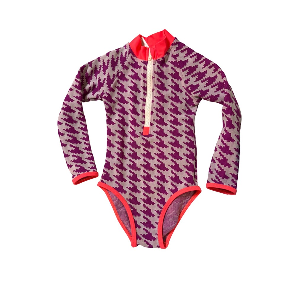 Minnny Wet Size 4T Swimsuit Rash Guard Long Sleeve Houndstooth Pink Purple Zip